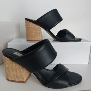 Steve Madden Black Leather Mules 8.5M Open Toe Raffia Block Heels Slip On Summer